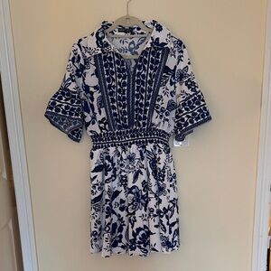 White Grecian Mini Dress with Navy Floral Print